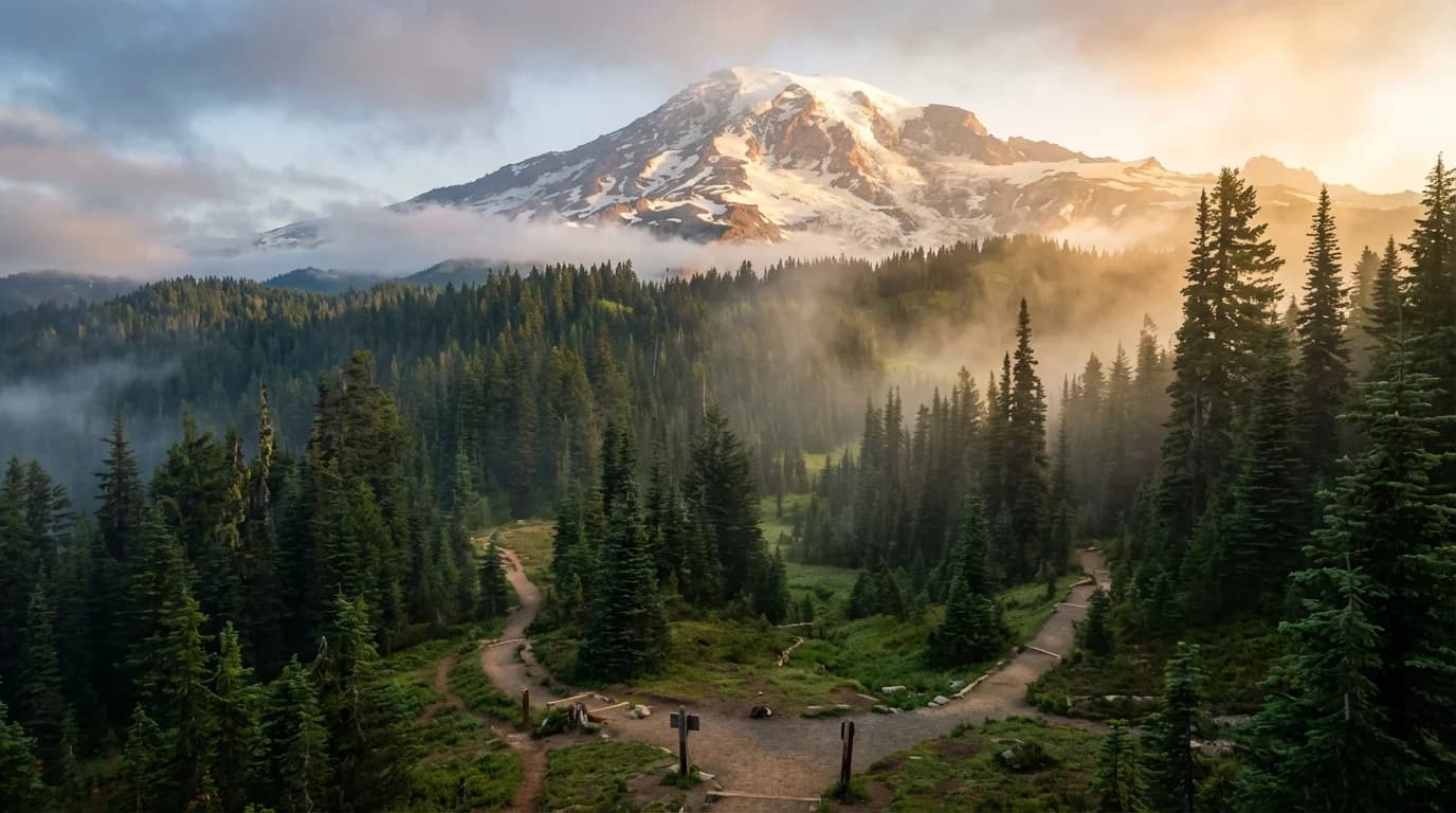 Pacific Northwest mountain vista with converging trails
