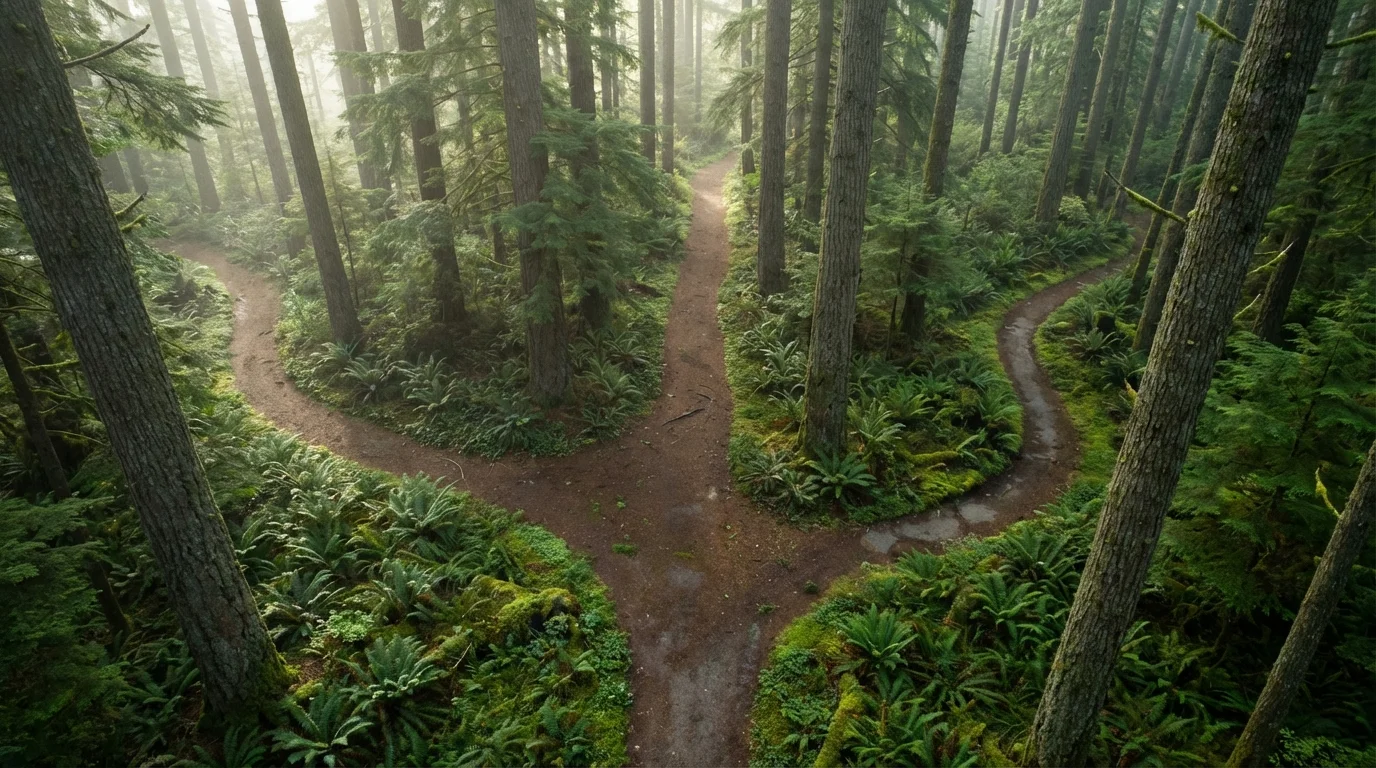 Three paths diverging in a Pacific Northwest forest