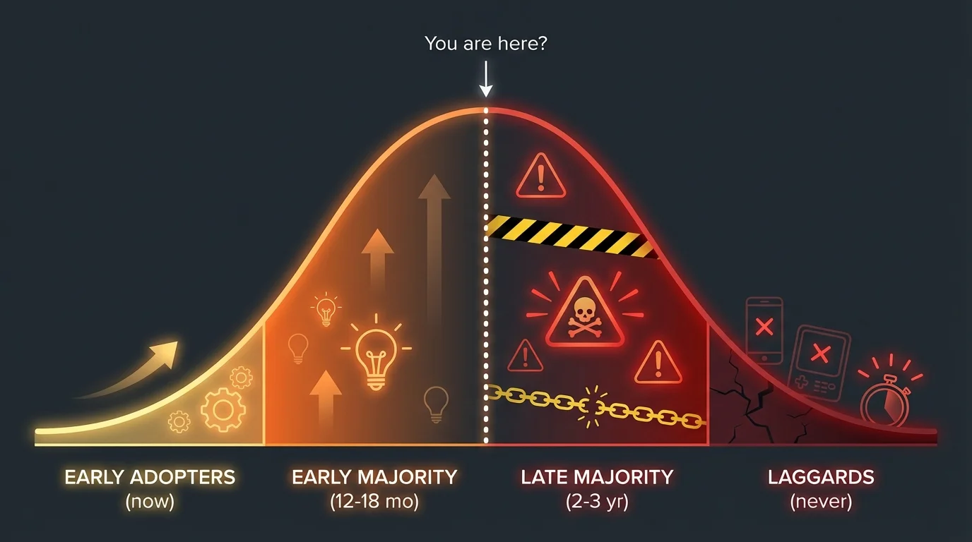Technology adoption curve showing Early Adopters (now), Early Majority (12-18 months), Late Majority (2-3 years), and Laggards (never). Left side in warm safe colors, right side in danger red.