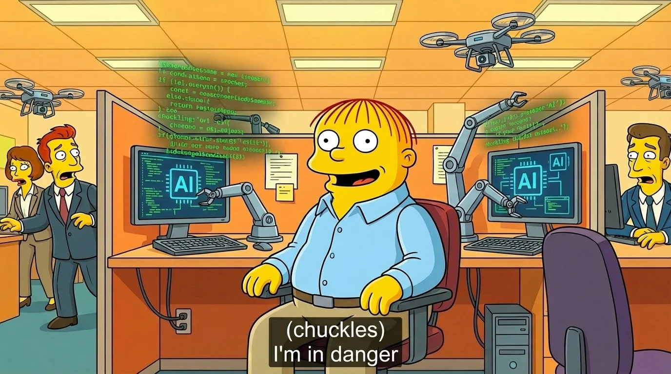 A cartoon character in business casual sitting in an office, smiling obliviously while AI and automation symbols surround him. Subtitle reads: (chuckles) I'm in danger