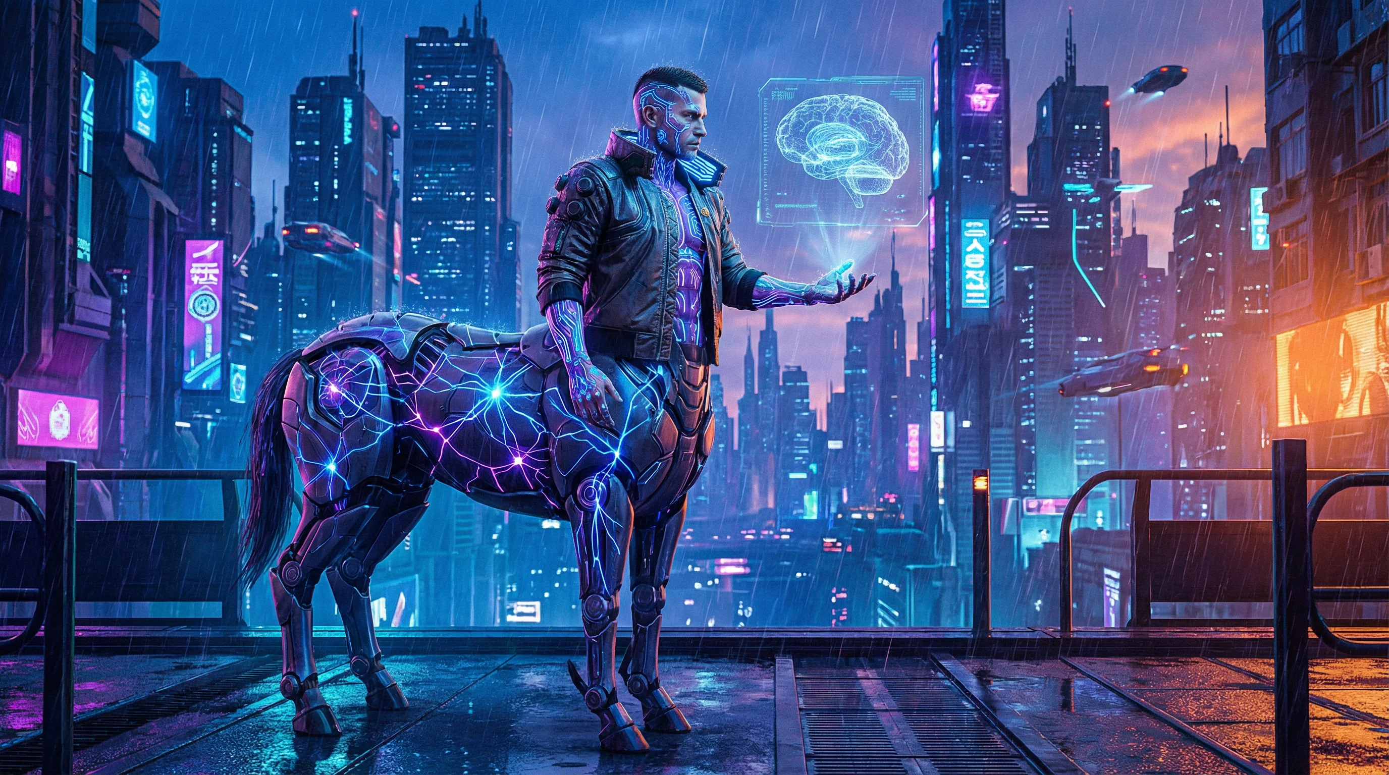 A cyberpunk centaur with a robotic horse body stands in a neon-lit cityscape, holding a holographic brain interface