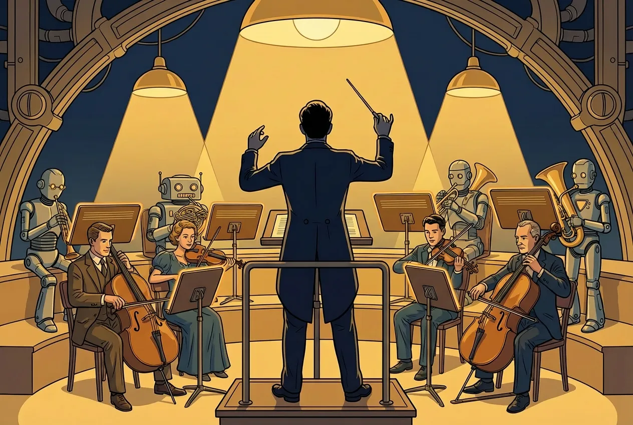 A conductor silhouetted from behind, leading an orchestra of humans, robots, and glowing terminal screens