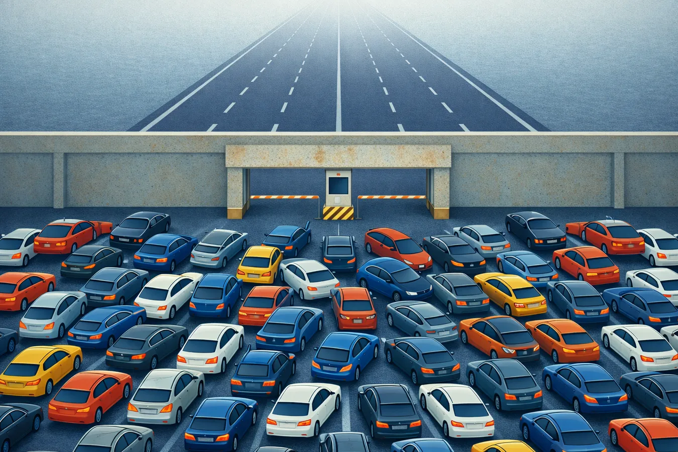 Cars backed up at a single toll booth while empty lanes wait beyond