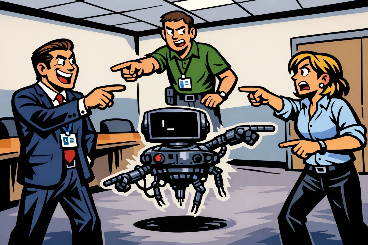 Three office workers pointing fingers at a malfunctioning robot in a conference room
